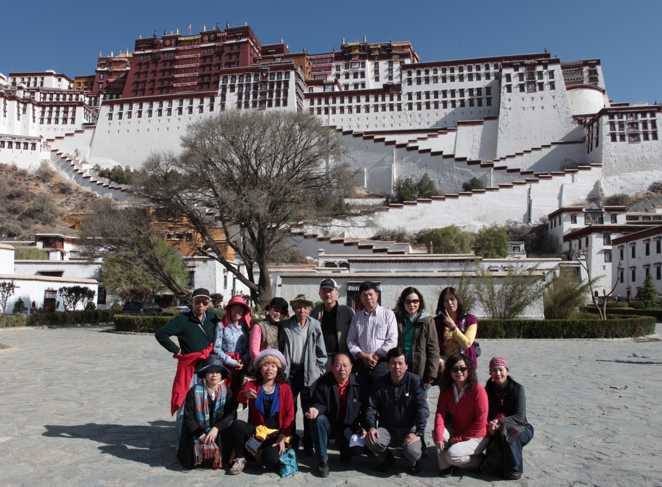 Tourists take a group photo in front of the Potala Palace