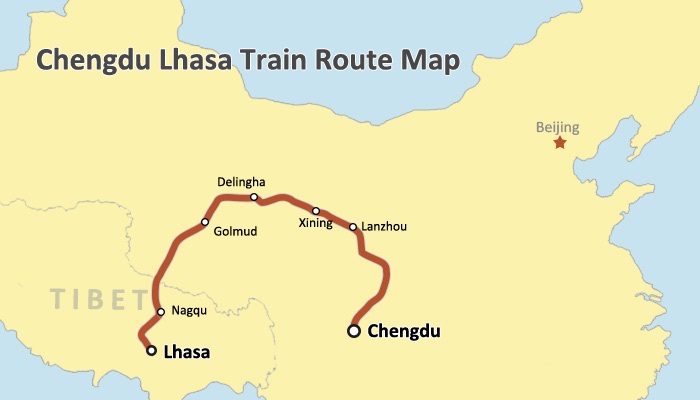 Chengdu to Lhasa Train Route Map