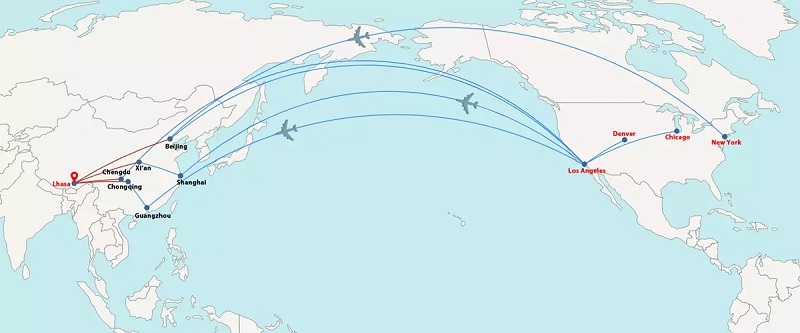 Flight routes from the US to Tibet