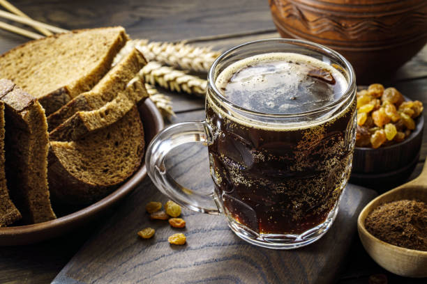 Bread kvass in mug. Fermented russian traditional beverage.